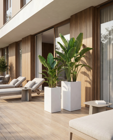 Vasos Caixa Alto D1307 Godinho em cimento branco com plantas tropicais em terraço moderno