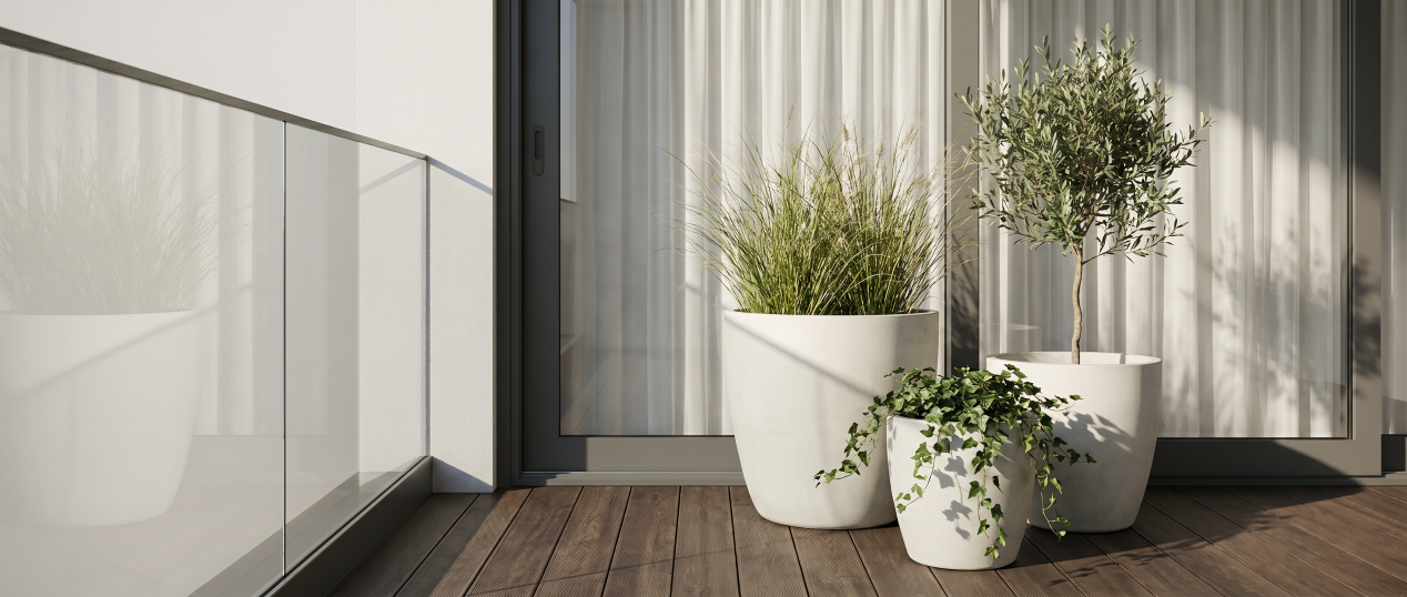 Coleção Vaso Porto em cimento branco natural Godinho Concrete Design para terraços e exteriores