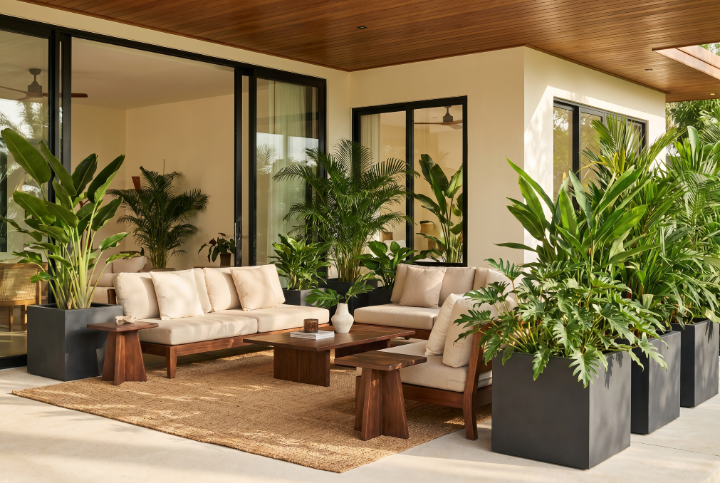 Vaso Caixa Antracite Godinho Concrete Design em Terraço de Luxo D1308G Vaso Caixa Antracite em Cimento para Terraço e Jardim | Godinho Concrete Design