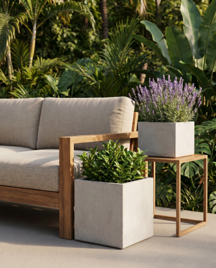 Vaso Caixa Godinho em cimento natural com plantas, utilizado em terraço exterior de luxo com sofá de jardim, mesa lateral em madeira e ambiente tropical.