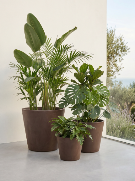 Vasos Conus castanho em cimento Godinho Concrete Design com plantas em ambiente moderno interior exterior