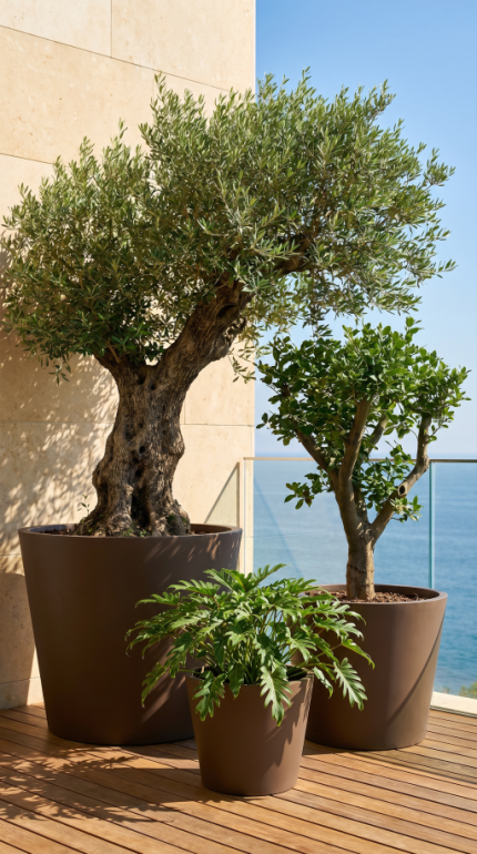 Vasos Conus em cimento castanho Godinho Concrete Design para jardim e terraço